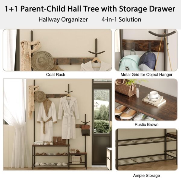 CharaVector Hall Tree Coat Rack Shoe Bench, Industrial Design, 3-in-1, Rustic Brown - Image 5