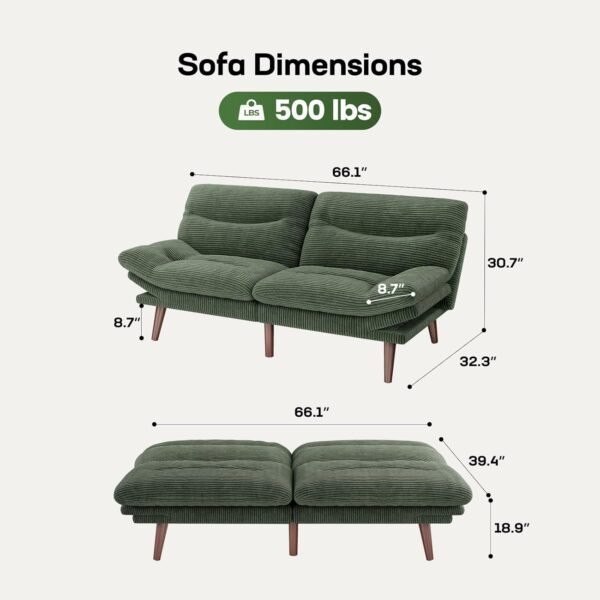 Marsail Futon Sofa Bed, Corduroy Futon Couch with Adjustable Backrest & Armrests, Convertible Small Sleeper Sofa Bed for Small Apartments, Study Room, Office, Green - Image 2
