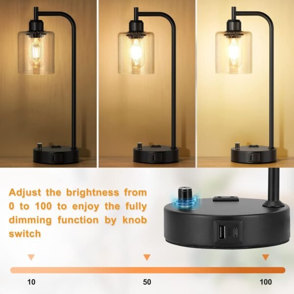 Industrial Table Lamps for Bedrooms Set of 2 - Fully Dimmable Bedside Lamps with USB A and C Ports and Outlet, Black Nightstand Lamps with Glass Shade for Living Room, Desk Lamps for Office Reading - Image 3