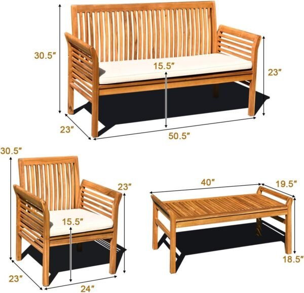 Tangkula 4 Piece Outdoor Acacia Wood Sofa Set with Water Resistant Cushions, Padded Patio Conversation Table Chair Set w/Coffee Table for Garden, Backyard, Poolside (1) - Image 5