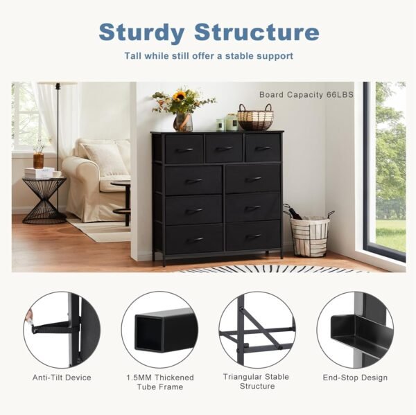 DUMOS Dresser for Bedroom, Storage Organizer with 9 Drawers, Chest of Drawers with Fabric Bins, Sturdy Metal Frame, Wood Tabletop for Guest Room, Closet, Entryway, Nursery - Image 7