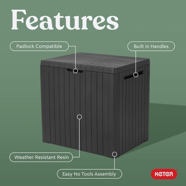 Keter City 30 Gallon Resin Outdoor Storage Box and Patio Storage Box Side Table for Pool and Garden Accessories, Dark Grey - Image 3