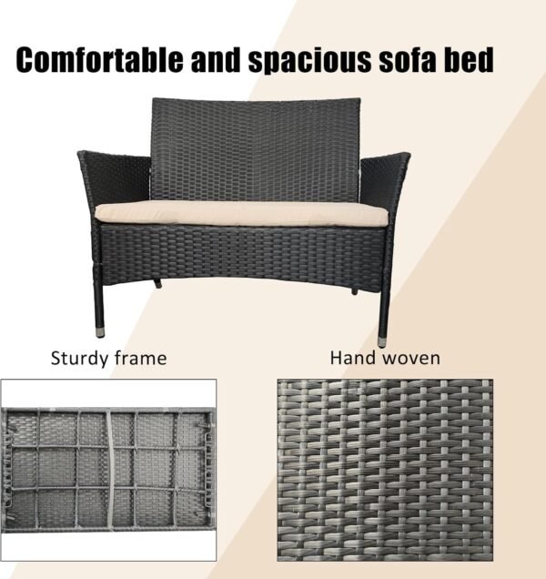 4 Piece Patio Furniture Set, Outdoor Patio Furniture Set with Soft Cushion and Glass Table Rattan Patio Chairs Conversation Sets with Sofa for Porch, Balconies, Lawns (Black and Beige) - Image 5