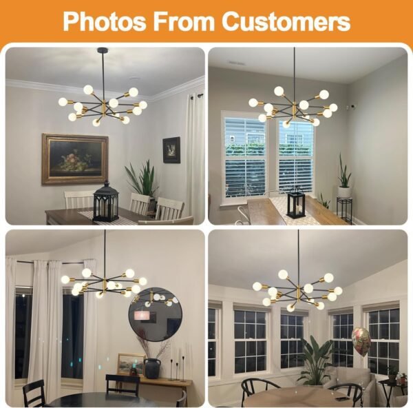 33" Modern Chandelier Ceiling Light Fixture, 12-Light Sputnik Chandeliers Gold and Black Mid Century Chandelier Over Table, Height Adjustable Chandeliers for Dining Room Living Room Kitchen Island - Image 3