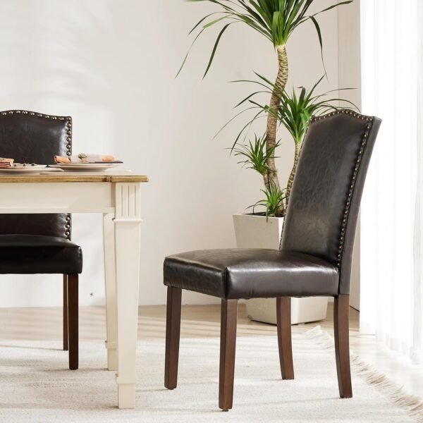 MCQ Upholstered Dining Chairs Set of 4, Modern Upholstered Leather Dining Room Chair with Nailhead Trim and Wood Legs, Mid-Century Accent Dinner Chair for Living Room, Kitchen, Dark Brown - Image 7