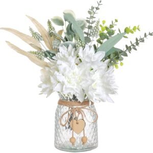 Faux Flowers with Vase,Artificial Silk Flowers in Vase, Fake Plant Eucalyptus and Willow,Flower Arrangement for Home Farmhouse kitchen Dining Table Centerpiece Decorations Coffee Table Decor (White)
