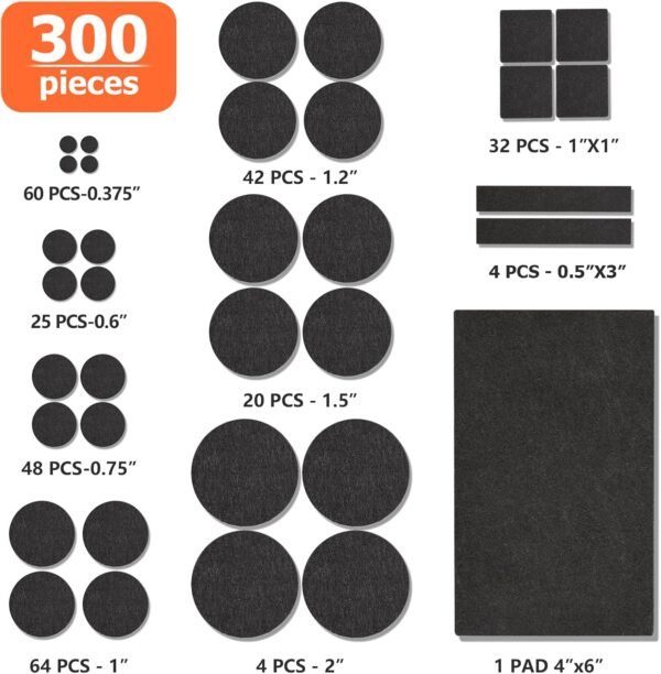 Felt Furniture Pads 300 Pieces, Furniture Pads for Hardwood Floors, Felt Pads for Chair Legs Furniture, Floor Protectors for Furniture Black - Image 3