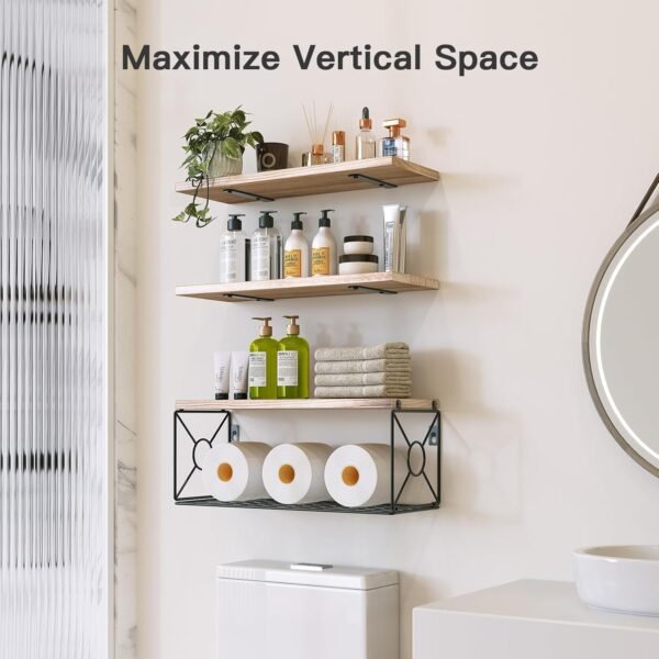 Amada Bathroom Shelves Over Toilet with Storage Basket, Floating Shelves Wall Shelves for Home Organization & Wall Decor, Bathroom/Kitchen/Living Room Shelves–Natural Wood - Image 2