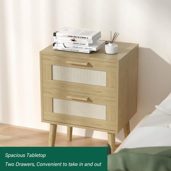 Nightstand with Charging Station,Rattan Night Stand with Solid Wood Legs, Bedside Table with USB Ports & Outlets, End Table for Bedroom (Bohemian, Natural Wood) - Image 5