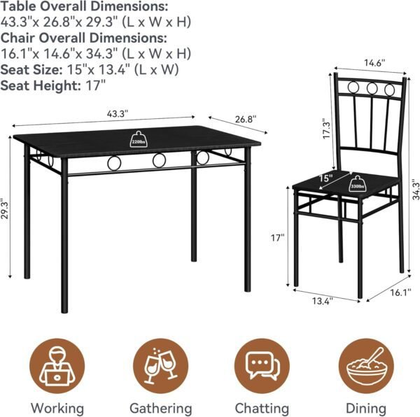 Dining Table Set for 4, 5-Piece Kitchen Table and Chairs, Rectangular Dining Room Table Set with 4 Chairs, Space-Saving Kitchen Table Set for Small Space,Dinette,Apartment,Retro Black - Image 2
