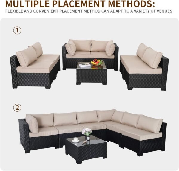 Valita 7 Piece Outdoor PE Wicker Furniture Set, Patio Black Rattan Sectional Sofa Couch with Washable Khaki Cushions… - Image 7