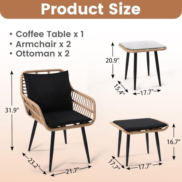 5 Piece Wicker Bistro Patio Conversation Furniture Set, Includes 2 Chairs, 2 Ottomans, and Side Table, Ideal for Porch, Balcony, Deck, Backyard, Natural - Image 7