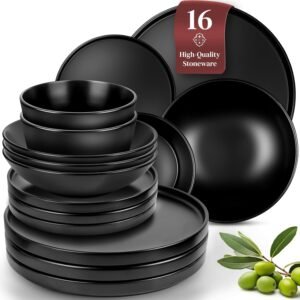 Matte Black Dinnerware Set - Ultra Chic Black Stoneware Dinnerware Sets for 4-16 pcs. Matte Black Plate Set - Dishwasher and Microwave Safe - Black Plates Ceramic and Bowls - Black Dishware