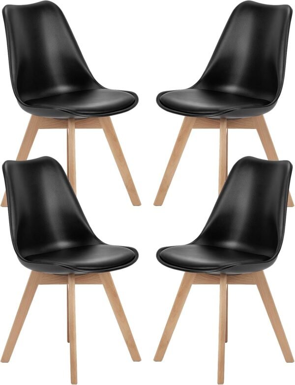 Sweetcrispy Dining Chairs, Dining Chairs Set of 4, Dining Room Chairs, Kitchen Chairs, Mid Century Modern Chairs, PU Leather Upholstered Chairs with Wood Legs, Kitchen Dining Room Chairs, Black