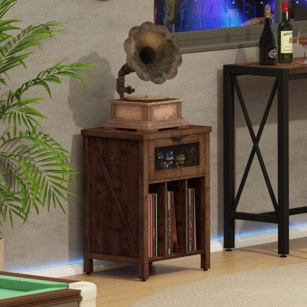 BON AUGURE Record Player Stand with Vinyl Storage, Farmhouse Record Player Cabinet End Table Holds up to 160 Albums, Brown Turntable Stand for Living Room, Bedroom, Office (Rustic Oak) - Image 6