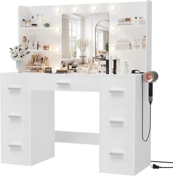 Furmax Vanity Desk with Mirror, LED Lights and Power Outlet Makeup Vanity Table with 7 Drawers and 6 Storage Shelves Dressing Table for Bedroom Dressing Room (White)