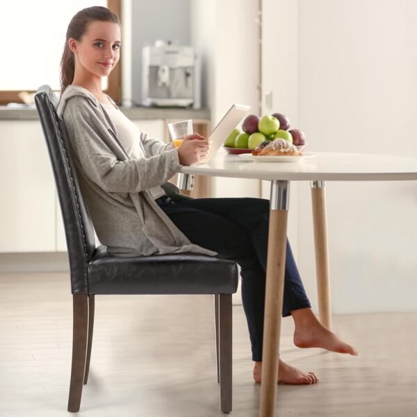 MCQ Upholstered Dining Chairs Set of 4, Modern Upholstered Leather Dining Room Chair with Nailhead Trim and Wood Legs, Mid-Century Accent Dinner Chair for Living Room, Kitchen, Dark Brown - Image 2