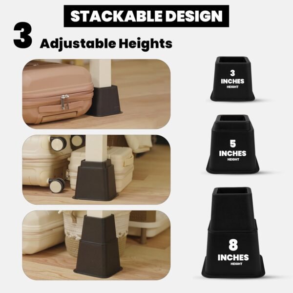 Utopia Bedding Adjustable Bed Furniture Risers - Elevation in Heights 3, 5 or 8 Inch Heavy Duty Risers for Beds and Under Bed Storage - Supports up to 1,300 lbs - (Set of 4 Riser, Black) - Image 6