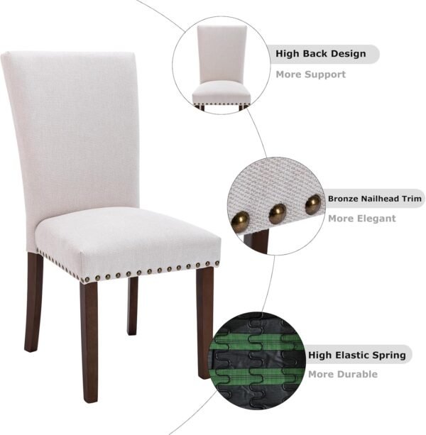 COLAMY Upholstered Parsons Dining Chairs Set of 4, Fabric Dining Room Kitchen Side Chair with Nailhead Trim and Wood Legs - Beige - Image 6