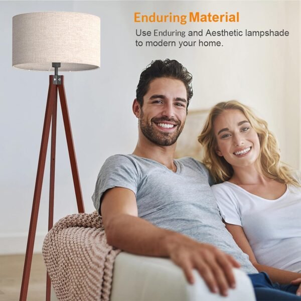 LEPOWER Wood Tripod Floor Lamp, Mid Century Standing Lamp, Modern Design Studying Light for Living Room, Bedroom, Study Room and Office, Flaxen Lamp Shade with E26 Base Brown - Image 4