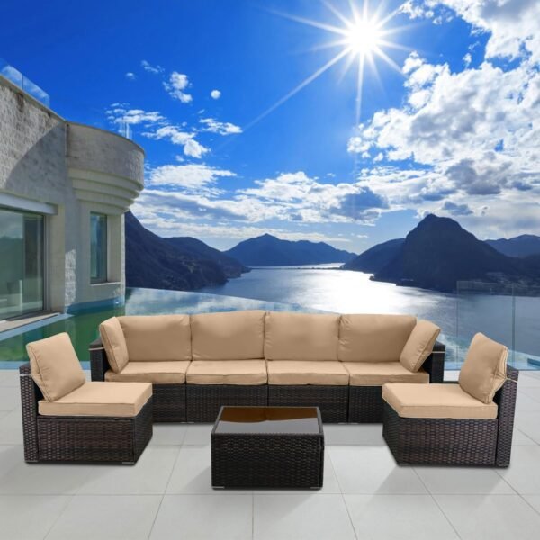 LEVELEVE 7 Pieces Outdoor Patio Furniture Sets,Rattan Conversation Sectional Set,Manual Weaving Wicker Patio Sofa with Tea Table - Image 6