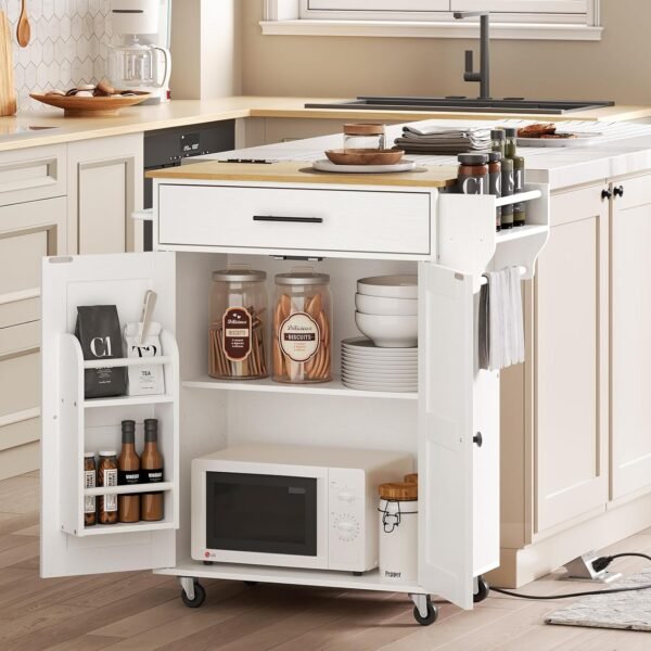 HOOBRO Kitchen Island with Power Outlet, Kitchen Storage Island with Large Worktop, Spice Rack and Drawer, Rolling Kitchen Cart on Wheels, for Kitchen and Dining Room, White and Natural - Image 2