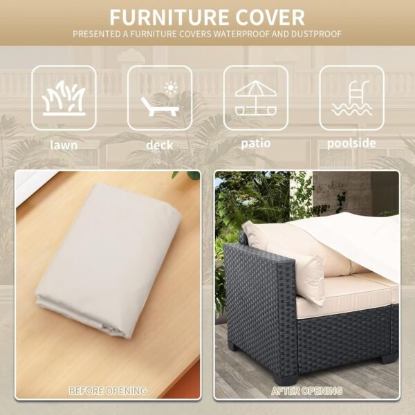 Valita 3-Seat Outdoor Rattan Sofa Patio Couch Black PE Wicker Loveseat Seating Furniture with Washable Khaki Cushions - Image 5