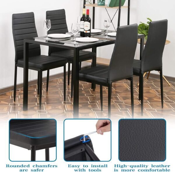 FDW Dining Table Set Glass Dining Room Table Set for Small Spaces Kitchen Table and Chairs for 4 Table with Chairs Home Furniture Rectangular Modern (Black Glass) - Image 4
