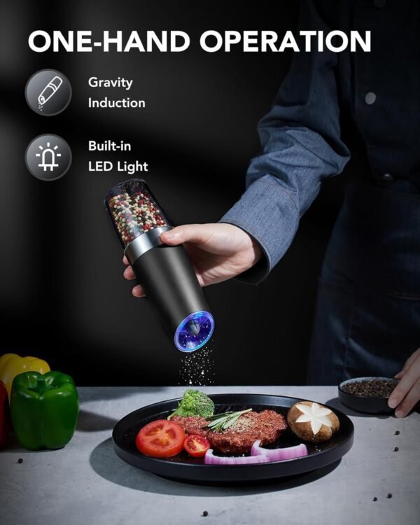 FORLIM Gravity Electric Salt and Pepper Grinder Set, Automatic Pepper Mill Grinder, Battery Powered Adjustable Coarseness with LED Light, One Hand Operation Premium Kitchen Gadget for Spices (Black) - Image 7