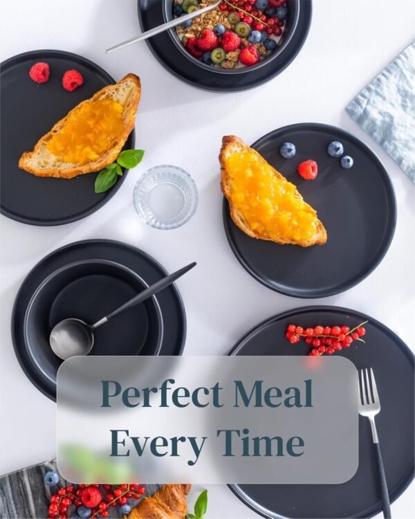 Matte Black Dinnerware Set - Ultra Chic Black Stoneware Dinnerware Sets for 4-16 pcs. Matte Black Plate Set - Dishwasher and Microwave Safe - Black Plates Ceramic and Bowls - Black Dishware - Image 4