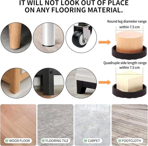 3 Inch Non Slip Furniture Coasters, 12 PCS Round Rubber Furniture Caster Cups, Anti-Sliding Furniture Pads for Hardwoods Floors Bed Stopper Protectors (Dark Brown) - Image 6