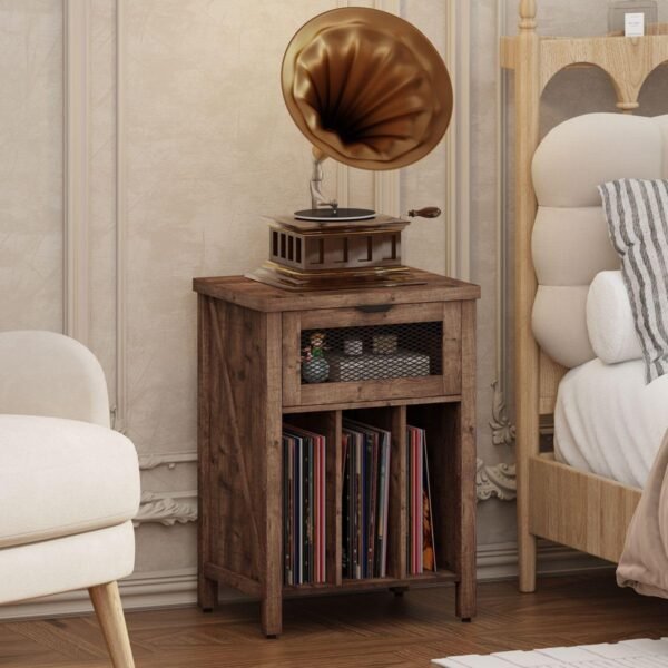 BON AUGURE Record Player Stand with Vinyl Storage, Farmhouse Record Player Cabinet End Table Holds up to 160 Albums, Brown Turntable Stand for Living Room, Bedroom, Office (Rustic Oak) - Image 5