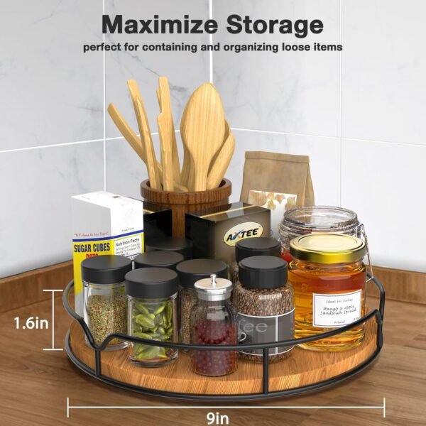 Lazy Susan Turntable Organizer for Cabinet Pantry Kitchen Countertop Refrigerator Cupboard, Pine Wood, 9", Carbonized Black - Image 7