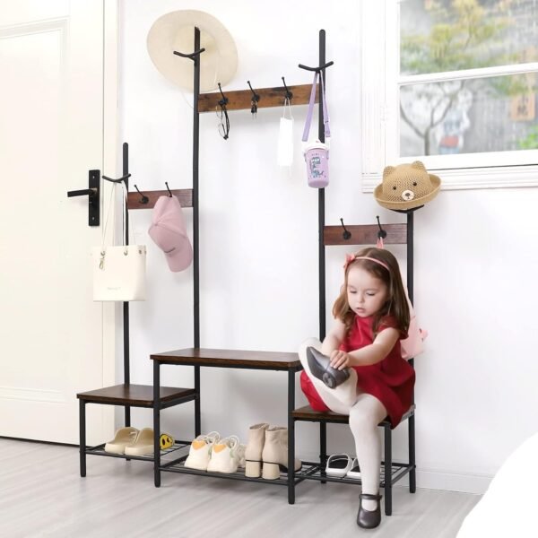 Parent-Child Hall Tree Entryway Bench with Coat Rack Sturdy Shoe Rack Storage, 3-in-1 Functional Hall Tree Industrial Rustic Wood Metal Furniture for Entrance (1+2 Rustic Brown + Black) - Image 2