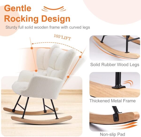Sweetcrispy Rocking Chair Nursery, Teddy Upholstered Glider Rocker with High Backrest, Reading Chair Modern Rocking Accent Chairs Glider Recliner for Living Room, Nursery, Bedroom - Image 3