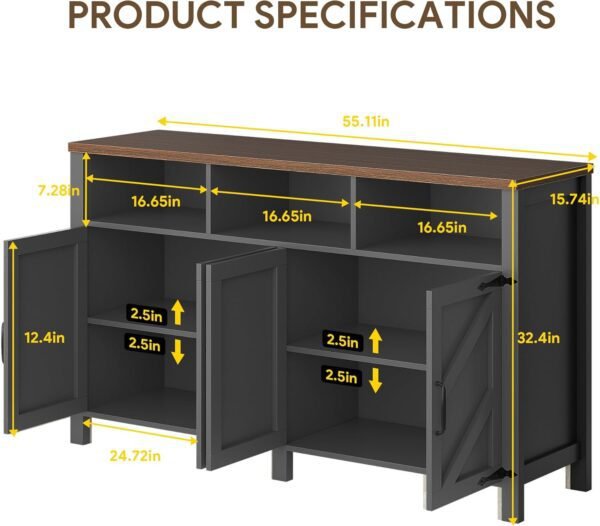 Buffet Sideboard with Storage Farmhouse with 4 Doors, 55'' Large Kitchen Storage Cabinet Wood Coffee Bar Cabinet Buffet Table with Shelves for Kitchen, Dining Room, Entryway (Black, 55 in) - Image 2