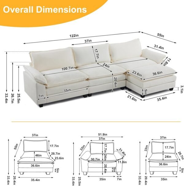Karl home Sectional Sofa Modular Deep Seat Sofa Couch with Ottoman, Chenille Sofa Sleeper Comfy Upholstered Furniture for Living Room, Apartment, Studio, Office, (3-Seat & 1-Ottoman, Beige) - Image 2