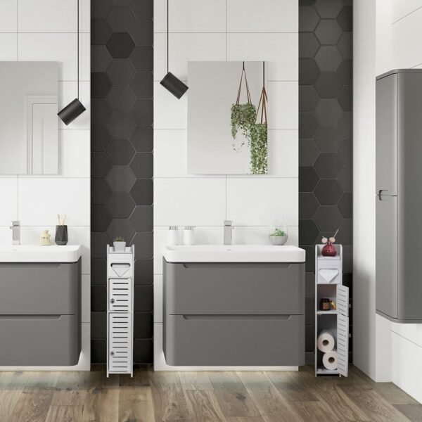 TUOXINEM Storage Cabinet for Small Spaces, Over The Toilet Cabinet for Skinny Bathroom Storage Corner Floor, Slim Paper Cabinet with 2 Doors & Shelves (White) - Image 3