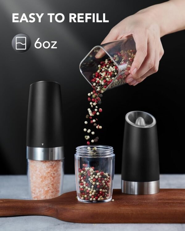 FORLIM Gravity Electric Salt and Pepper Grinder Set, Automatic Pepper Mill Grinder, Battery Powered Adjustable Coarseness with LED Light, One Hand Operation Premium Kitchen Gadget for Spices (Black) - Image 8