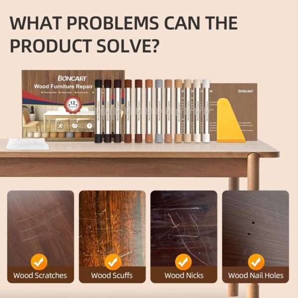 Wood Filler Sticks,12colors Wood Wax Crayons for Repairing Scratches, Scuffs, Cracks, and Nail Holes on Wood Furniture, Floors, Cabinets, Tables, and Doors - Image 3