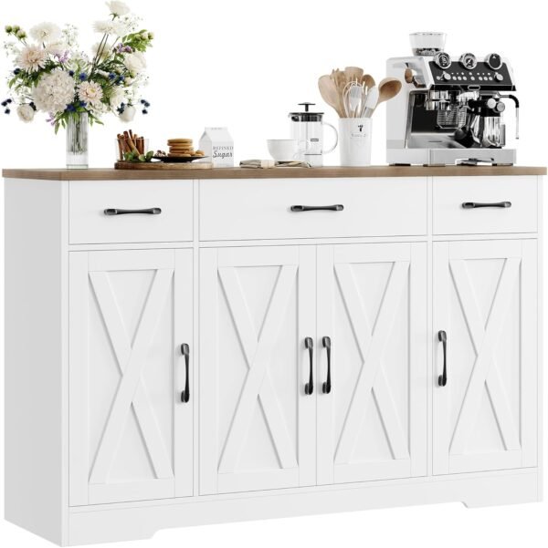 HOSTACK Buffet Cabinet with Drawers, 55" Large Sideboard Buffet Storage Cabinet with Shelves and Doors, Modern Farmhouse Coffee Bar Cabinet Wood Buffet Table for Kitchen, Dining Room, White/Rustic