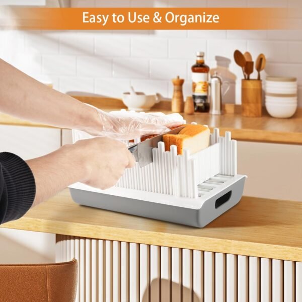 Bread Slicer Guide for Homemade Bread with 304 Stainless Steel Sheet and Storage Tray、3-Slice Thickness，Adjustable Width Making Tools for Cake、Bagels、toast. - Image 3