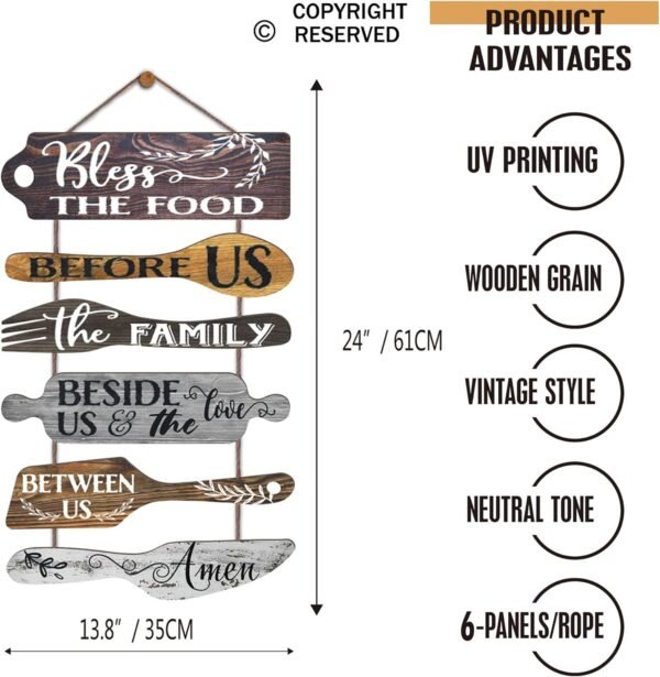 Bless the Food Before Us Farmhouse Kitchen Wall Decor - Dining Room Decorations Collage Wall Art in Neutral Grey Color - Wooden Rustic 6pcs Roped Sign 25x14 Inches Vertical - Image 5