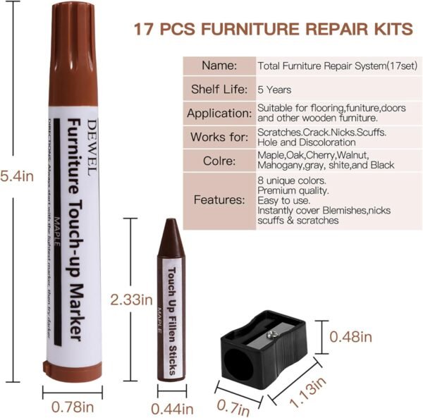DEWEL Furniture Markers Touch Up, Upgrade Wood Furniture Repair Kit, Premium Wood Scratch Repair Markers and Wax Sticks for Wood Stains Scratches Hardwood Wooden Floors Tables, Set of 17 - Image 3