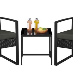 Yaheetech 3 Pieces Rattan Bistro Set, Indoor/Outdoor Wicker Patio Modern Conversation Furniture, 2 Chairs & Tempered Glass Coffee Table for Garden, Balcony, Backyard, Poolside, Black/Gray