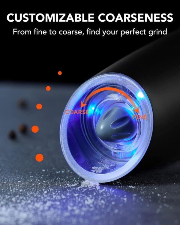 FORLIM Gravity Electric Salt and Pepper Grinder Set, Automatic Pepper Mill Grinder, Battery Powered Adjustable Coarseness with LED Light, One Hand Operation Premium Kitchen Gadget for Spices (Black) - Image 5