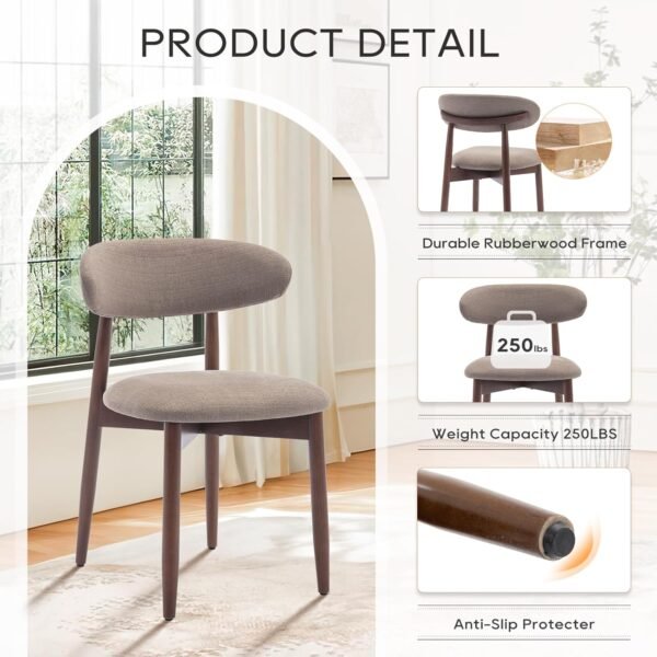 COLAMY Wooden Dining Chairs Set of 4, Modern Fabric Upholstered Dining Room Chair, Farmhouse Kitchen Chairs with Foot Pegs, Camel - Image 5