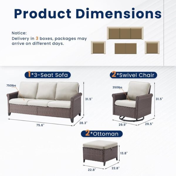 Outdoor Patio Furniture Set, 5 Pieces Patio Conversation Sets, All-Weather Wicker Outdoor Furniture, Swivel Patio Chairs for Porch Deck Backyard Garden (Beige, 5 PCS Swivel Glider & Sofa) - Image 9