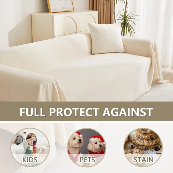 MYSKY HOME Boho Couch Cover Beige Sofa Covers with White Tassel Farmhouse Sofa Slipcover Simple Couch Protector for Dogs Chenille Sectional Couch Covers L Shaped Couch Cushion Covers, 91"x 134" - Image 4