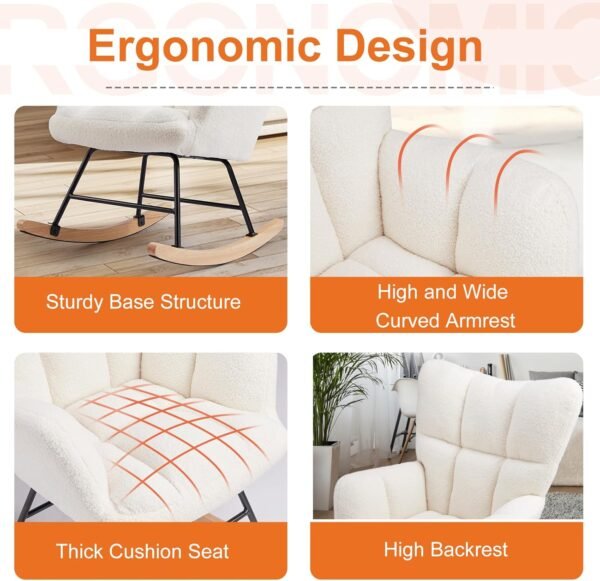 Sweetcrispy Rocking Chair Nursery, Teddy Upholstered Glider Rocker with High Backrest, Reading Chair Modern Rocking Accent Chairs Glider Recliner for Living Room, Nursery, Bedroom - Image 5